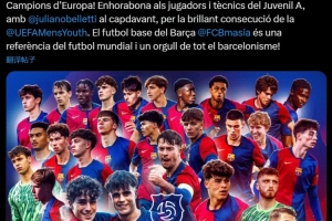 华体会下载-拉波尔塔祝贺巴萨U19夺得青年欧冠冠军：拉玛西亚是世界足球典范