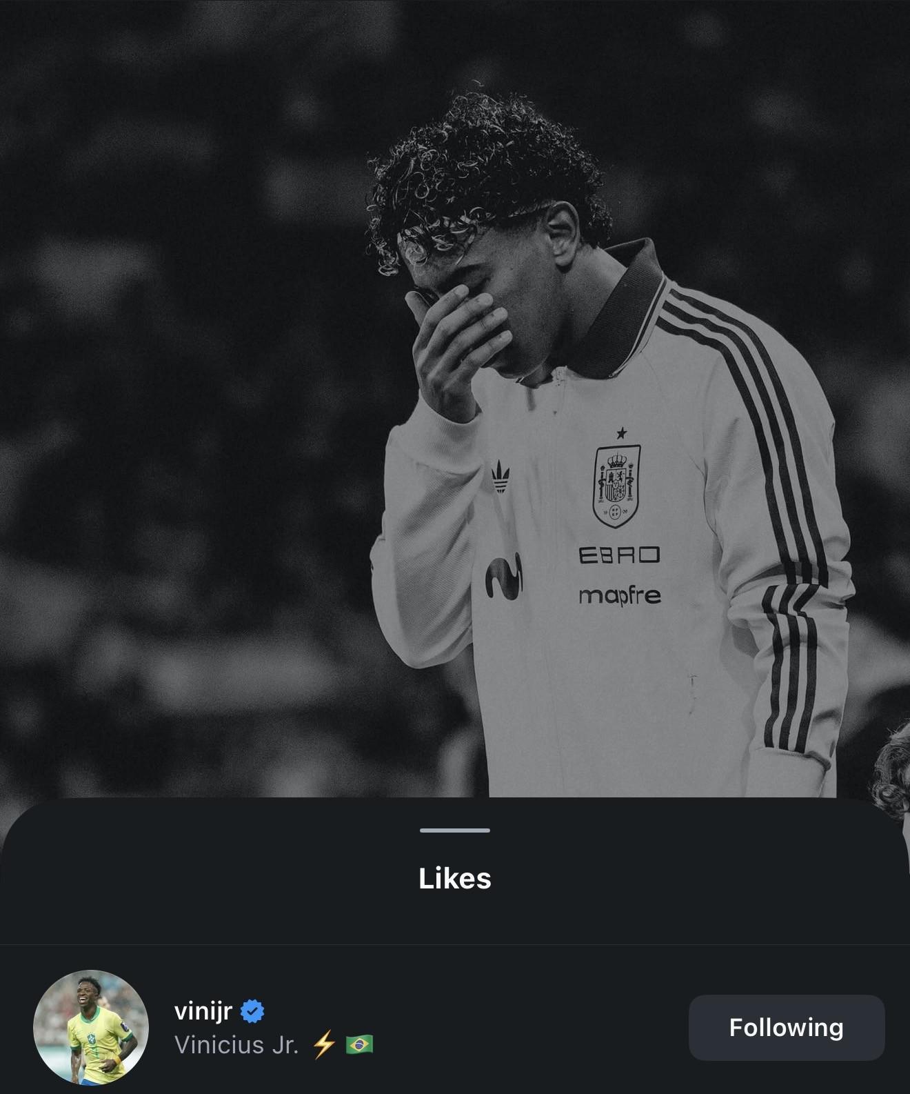 华体会下载-反对歧视，维尼修斯点赞亚马尔谴责种族歧视的动态